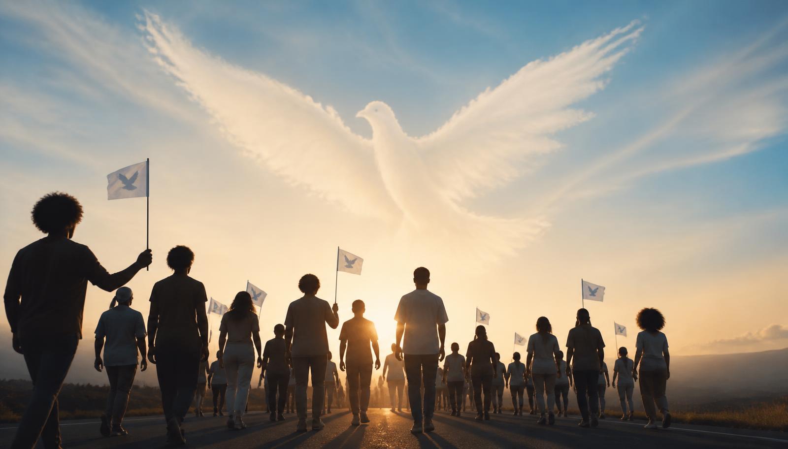 Walkers of many nations marching at sunrise with white peace flags under a dove-shaped cloud